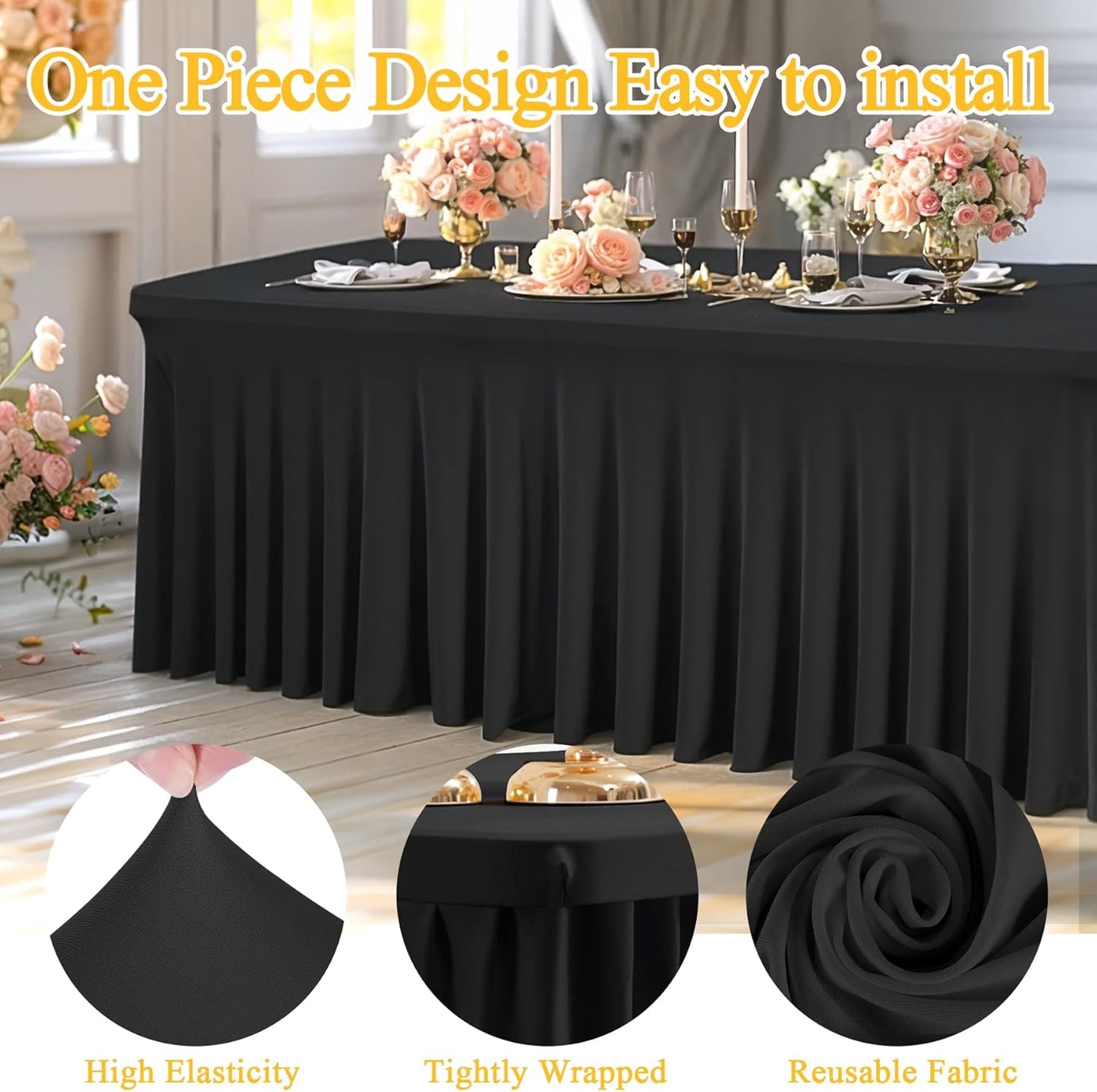6 Packs Black Spandex Tableclothes for 6 Foot Rectangle Table, Spandex Table Covers 6FT Stretch Table Skirts Rectangle Tables Wrinkle Free Fitted Table Cover for Event, Wedding, Banquet & Parties