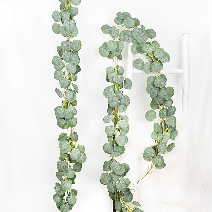 DearHouse 2pc Artificial Eucalyptus Garland Faux Silk Eucalyptus Leaves Vines Handmade Garland Greenery Wedding Backdrop Arch Table Decor, 6.1ft/pc
