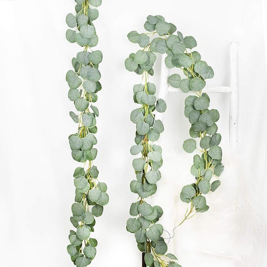 DearHouse 2pc Artificial Eucalyptus Garland Faux Silk Eucalyptus Leaves Vines Handmade Garland Greenery Wedding Backdrop Arch Table Decor, 6.1ft/pc