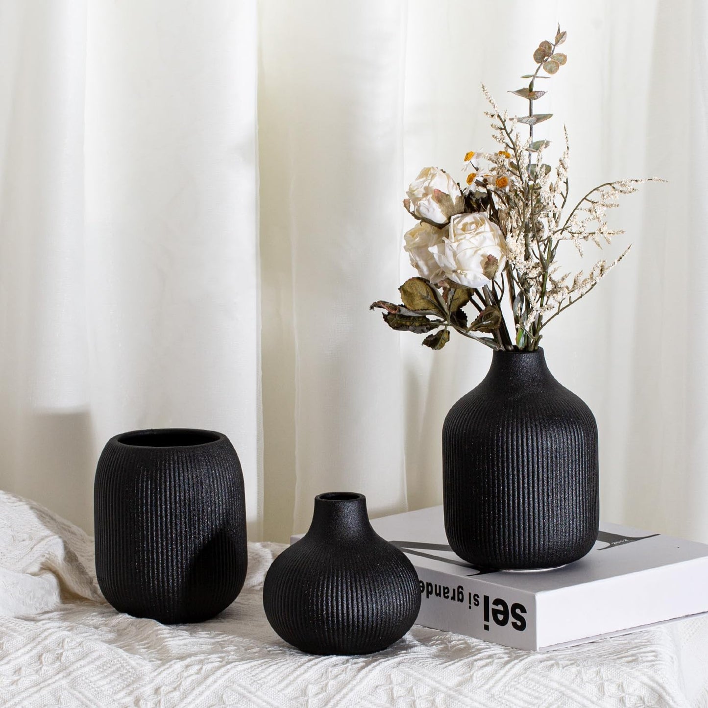 Modern Black Ceramic Vase Set of 3, Ribbed Texture Boho Minimalist Home Decor, Small Decorative Vases for Centerpiece, Shelf, Tabletop - Aesthetic Touch for Neutral & Transitional Spaces