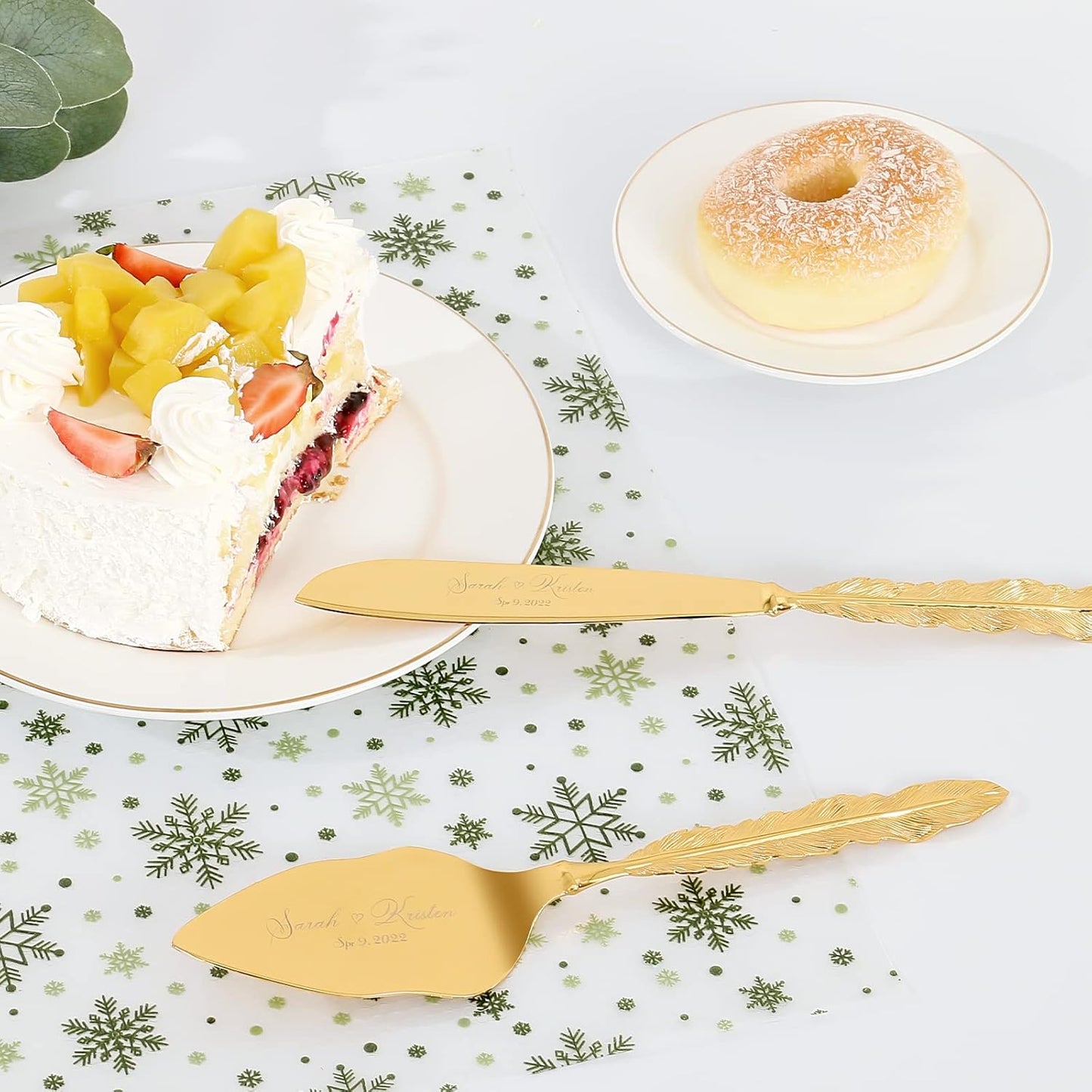 Wedding Cake Knife and Server Set, Personalized Gold Cake Cutting Set for Wedding, Engraved Classic Cake Cutter Set, Pie PastryServer, Birthday Bridal Quinceañera Gift (CUS-Feather)