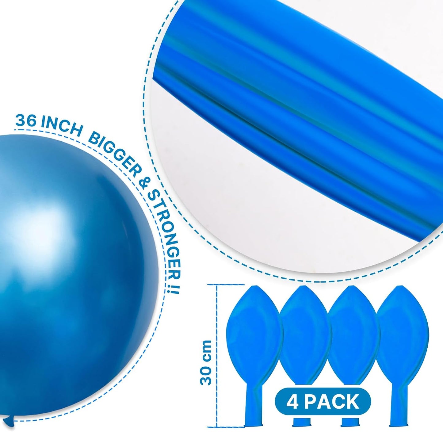 PartyWoo Metallic Blue Balloons 4 pcs 36 Inch Extra Large Big Jumbo Giant Chrome Blue Latex Helium Balloons for Graduation Wedding Baby Shower Gender Reveal Birthday Party Decorations Blue-G106