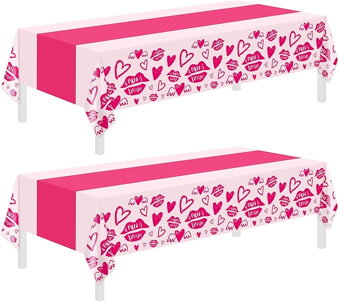 Childom 2 Pcs Valentines Day Tablecloths for Valentines Day Decorations,54" x 108" Disposable Plastic Tablecloths,Rectangle Lip Table Cover for Party Decorations Mothers Day Anniversary Birthday
