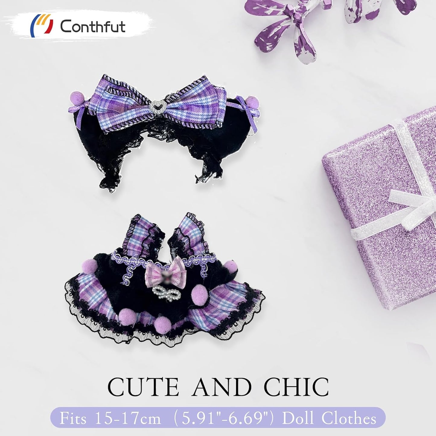 17cm/15cm Doll Clothes Outfit Set,Accessories for Dolls,Stylish Clothes Set Dress Up (No Doll) (Purple Dress)