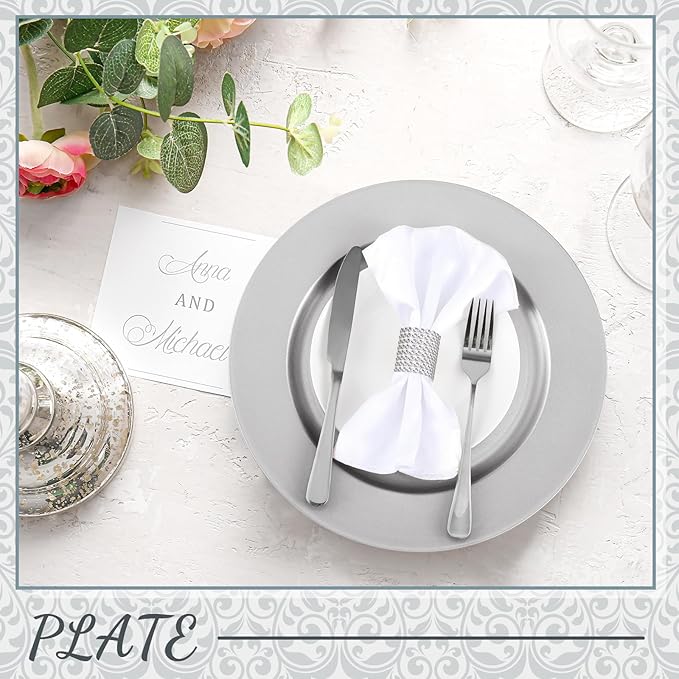 Tanlade 100 Pcs Charger Plates Set Bulk Include 50 Plastic Plate Chargers and 50 Napkin Rings 13" Round for Dinner Table Setting Wedding Baby Shower Decoration(Silver)