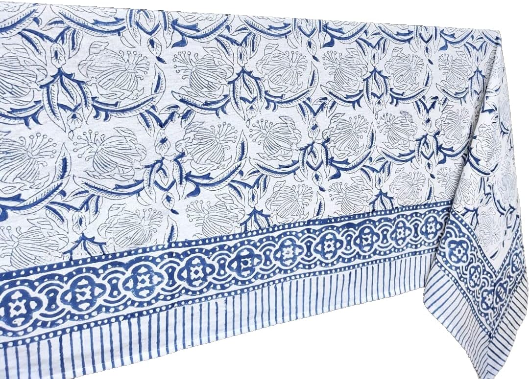 ATOSII ‘Santorini’ 100% Cotton Fall Tablecloth, Handblock Print Blue Rectangle Table Cloth for Kitchen I Dining Table Linen I Parties Wedding Christmas Thanksgiving I Fall Decor 60 X 108 Inches