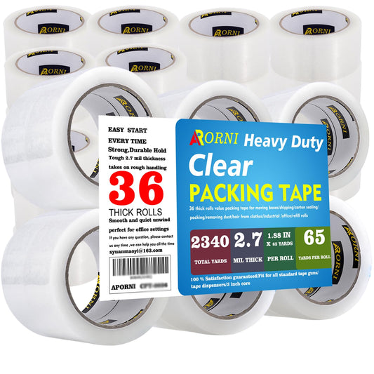 Clear Packing Tape Heavy Duty Refill Rolls Sealing Great for Packing Box Shipping and Moving Supplies Packaging 36 Rolls 1.88" x 65 Yards 3" Core 2.7 Mil Thick Adhesive