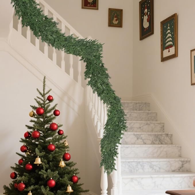 16 Ft Christmas Garland Soft Bendable Realistic Artificial Cedar Pine Green Xmas Mantle Garland for Staircase with Gift box Garlands for Decoration Christmas fireplace porch Table Home Room Yard Decor