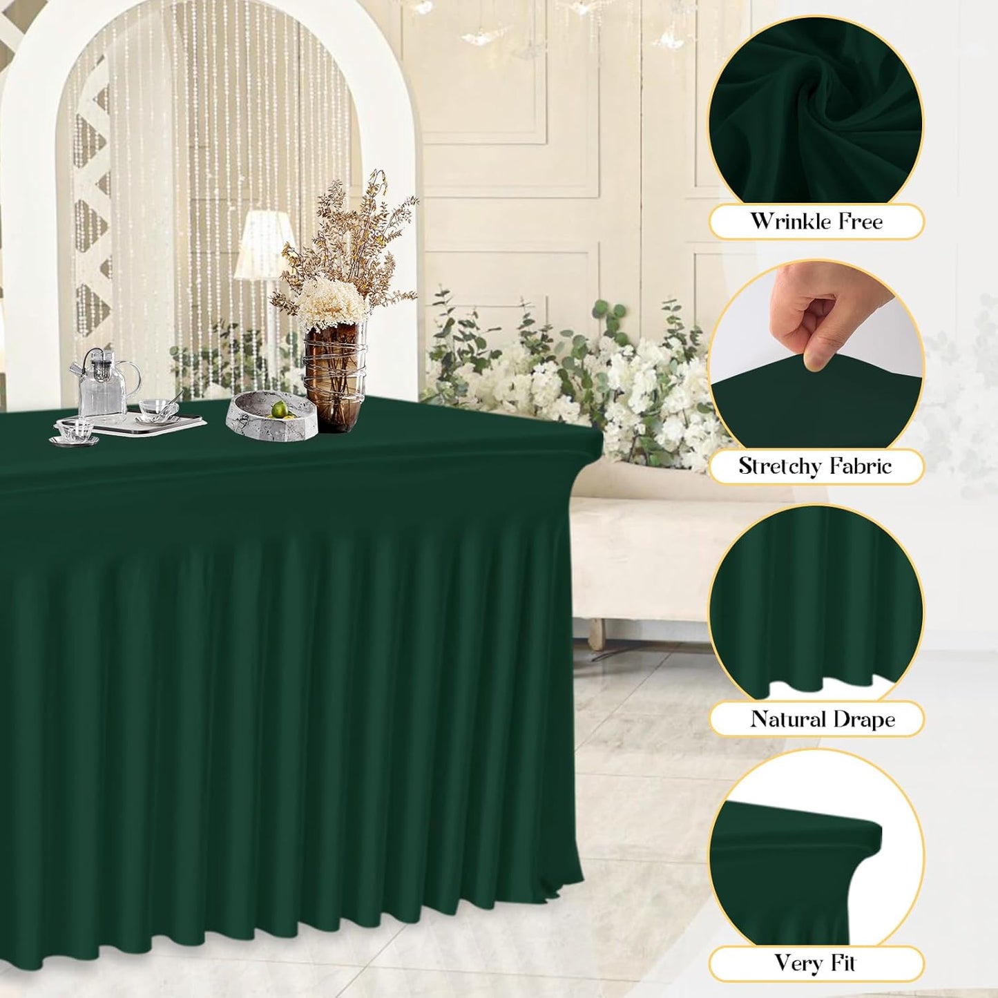 6 Pack Dark Green Rectangle Tablecloth with Elastic Table Skirt – 6FT Fitted Spandex Table Cover, 72 Inch Wrinkle-Resistant & Stretchable for Wedding, Banquet, Party, Buffet, Restaurant