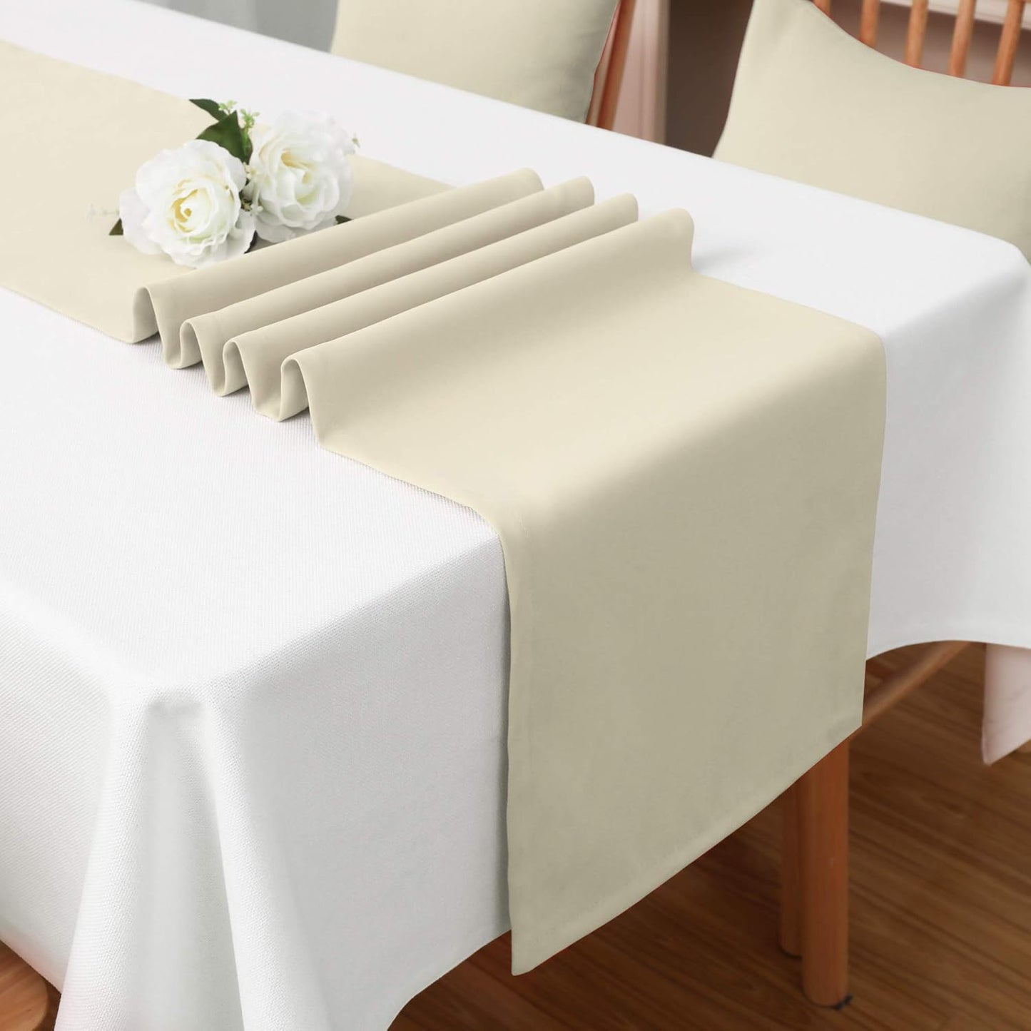 DUALIFE 2 Pack Table Runner 14 x 108 Inch Long Table Cloth Table Runners for Wedding Engagement Banquet Graduations Birthday Party Decorations Beige