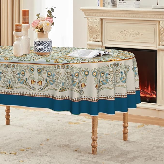 Horaldaily Floral Bordered French Tablecloth 60×84 Inch Oval, Bird Floral Vintage Washable Seasonal Table Cover for Party Picnic Dinner Decor