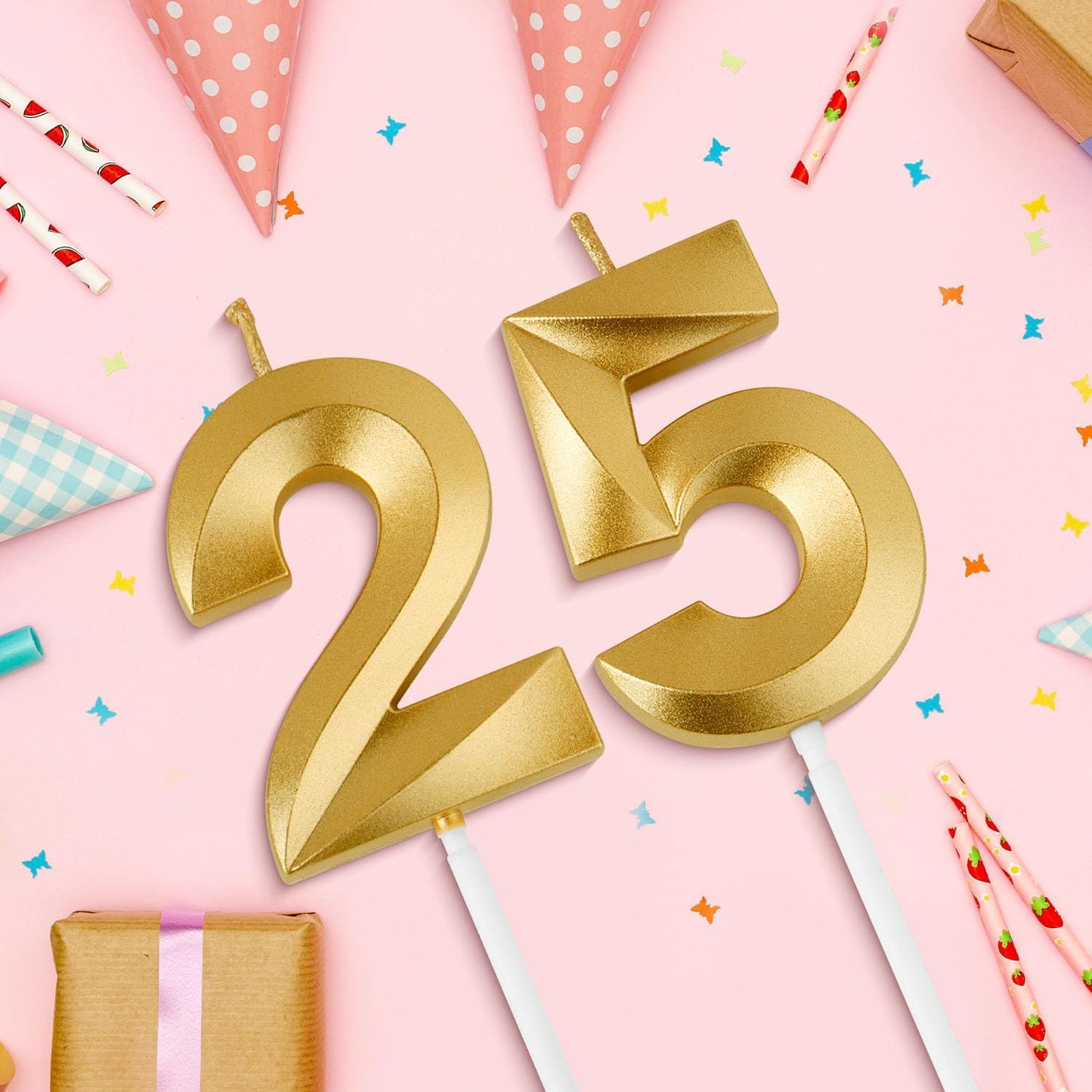 Birthday Candles, 1.96 Inch Number 25 Happy Birthday Candles, Number Candles Decoration for Birthday Party and Anniversary Celebration(Champagne Gold)
