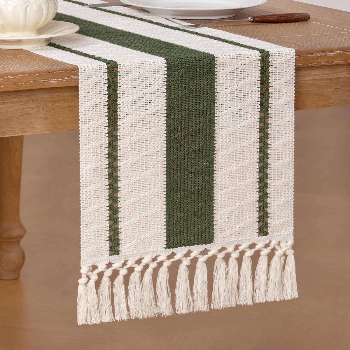 Socomi Boho Table Runner Fall Thanksgiving Farmhouse Rustic Dining Kitchen Centerpiece Decor Small Macrame Woven Cotton Linen Coffee Table Runner for Dresser Scarf Home Decor 12x90 inch Olive Green