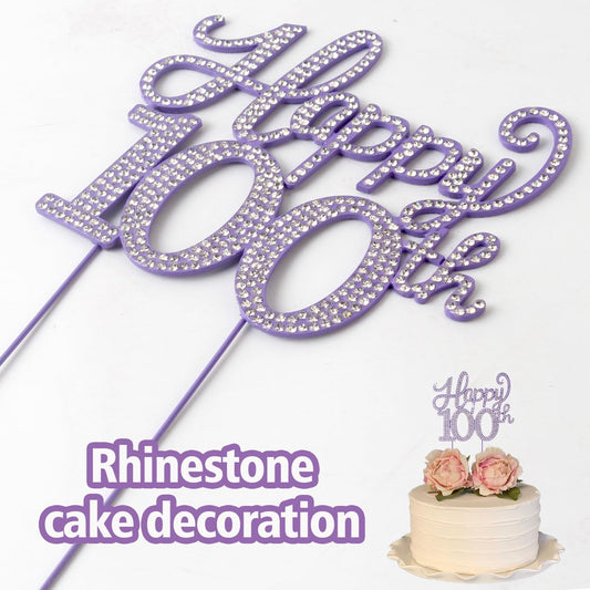 Happy 100th Birthday Decorations,100th Birthday Purple Rhinestone Cake Topper - Cheers to 100 Years Old Bday Party Metal Sparkly Cake Centerpieces Sign.