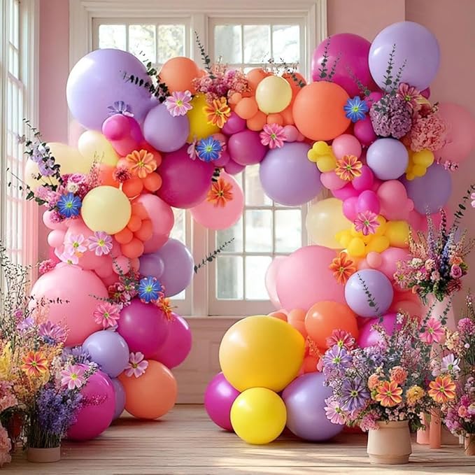 Hot Pink Purple Balloon Arch Double Stuffed Balloons with Cosmos Artificial Flowers Eucalyptus Leaves Pastel Yellow Peach Magenta Latex Garland for Wildflower Birthday Baby Shower Wedding Party Decor
