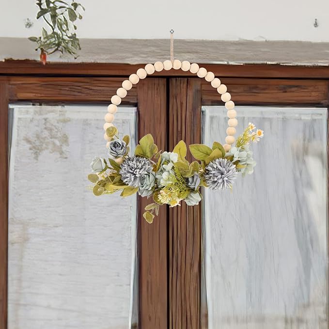 DECHOUS Wood Bead Garland Floral Hoop Wreath Wall Hanging Decor Artificial Flower with Eucalyptus Leaves Hanging Hoop Wreath for Thanksgiving Xmas Wedding Arch Backdrop Door Dark Blue