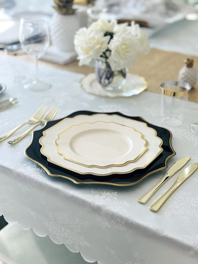 " OCCASIONS " 10 Pieces Round 13'' ACRYLIC MELAMINE Reusable Wedding Charger Plate (Scalloped Black and Gold)