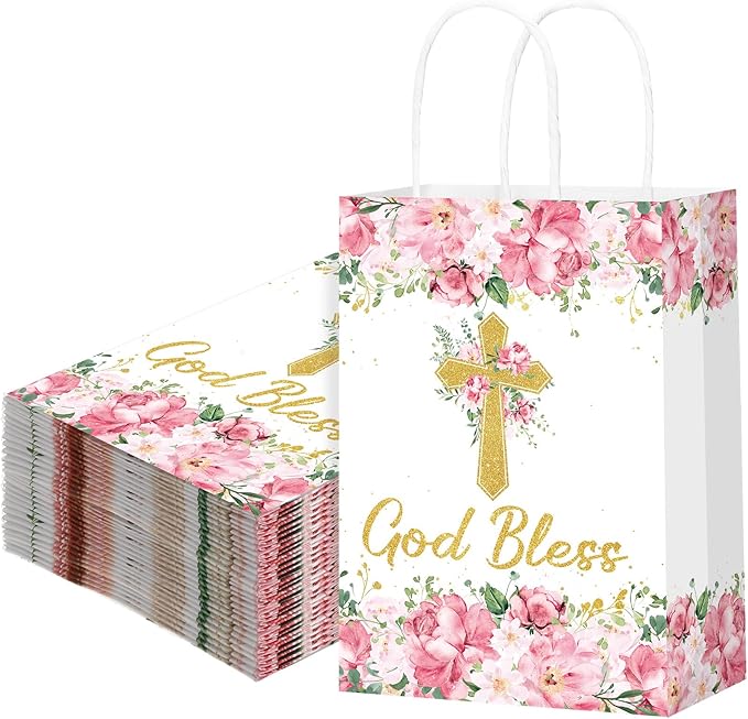 Marspark 24 Pcs Baptism Gift Bags for Guests Cross Floral Paper Gift Bags with Handles God Bless Religious Treat Paper Christian Party Supplies for First Communions Christenings Baptism Easter Wedding