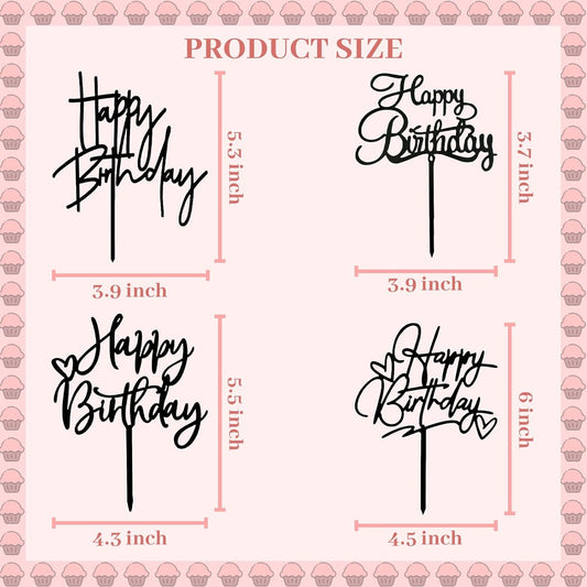 ZHENGYE Happy Birthday Cake Topper Set 4 PCS Black Happy Birthday Cupcake Toppers Acrylic Cake Toppers Decoration For Women Men Baby Shower Birthday Party Decoration Supplies