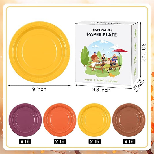 Kochorie 60 Pieces Disposable Paper Plates 9 Inch Heavy Duty Dinner Plates, Solid Color, Thanksgiving Table Decorations Party Supplies for Birthdays, Weddings, Daily Use