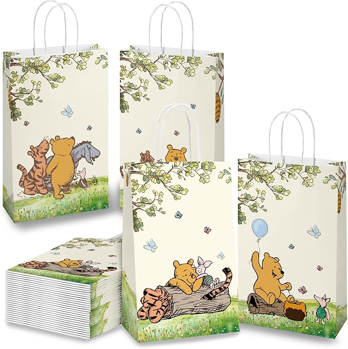 wjrsxilt Winnie Treat Bags - 16 PCS Paper Goodies Candy Bags Classic Bear Party Bag for the Pooh Baby Shower Present Bag Kids Party Decorations Supplies Decor