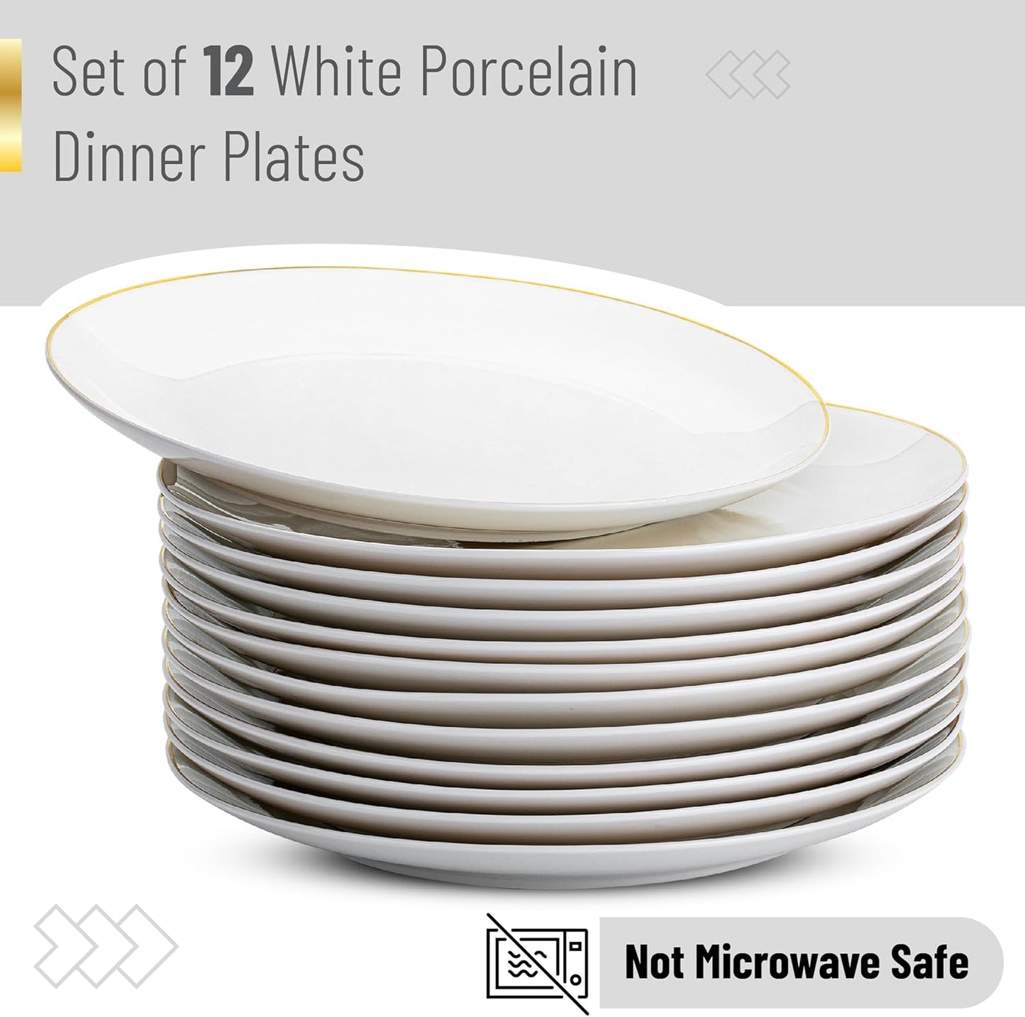 BTaT- White Porcelain Dinner Plates, Set of 12, 10.5" Gold Rimmed, Classic Style, Formal Dining, Christmas Gifts