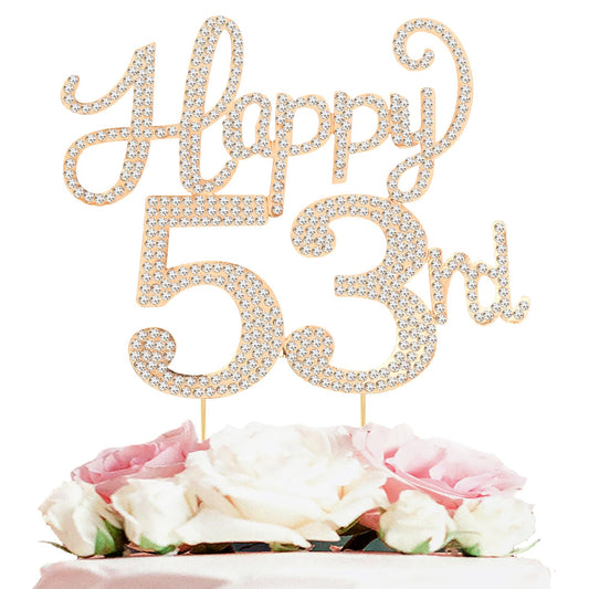 Happy 53rd Birthday Decorations,53rd Birthday Gold Rhinestone Cake Topper - Cheers to 53 Years Old Bday Party Metal Sparkly Cake Centerpieces Sign.