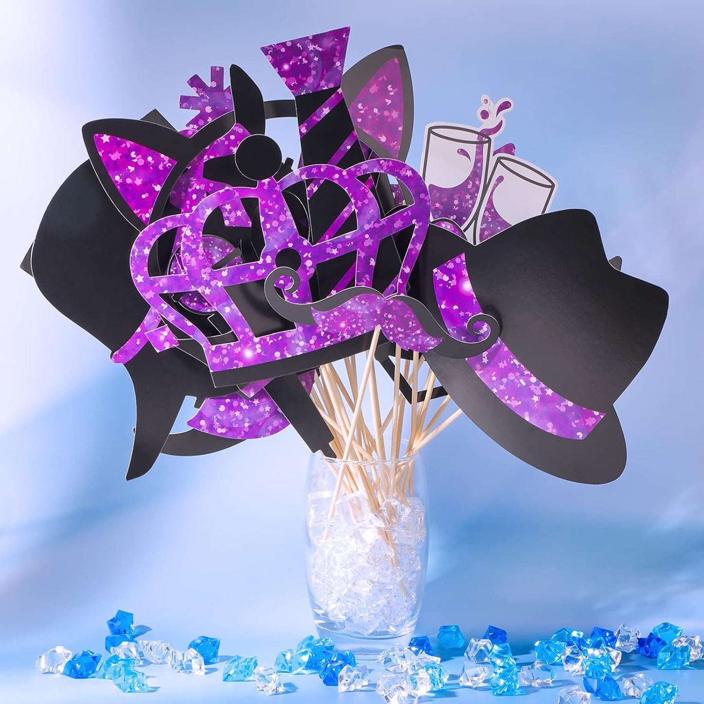Zonon 24 Pieces Funny Photo Booth Props:Halloween,Christmas,Family Reunion, Class Reunion, Birthday, Weddings, Prom Disco Mardi Gras Party Supplies - Mix of Hats, Lipstick, Tie(Black and Purple)