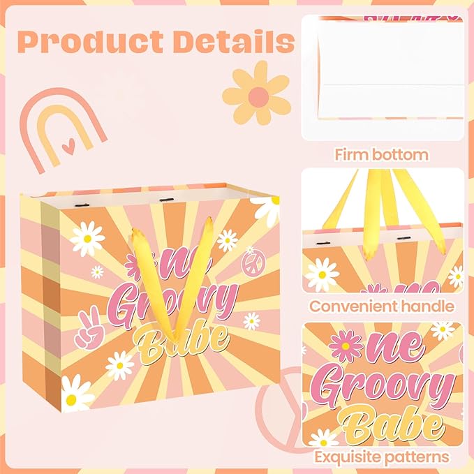 Groovy One Boho 1st Birthday Gift Bag for Girls with Card Tissue Paper, Daisy Flower Hippie First Birthday Wrapping Paper for Retro Baby Shower Party Gift Wrap Christmas Decorations Supplies