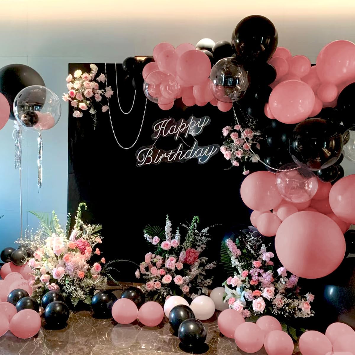Dusty Pink Black Balloons Arch Kit, 151Pcs Black Pink and Bobo Balloons Garland 18 12 10 5 inch for Women Girls Birthday Wedding Bridal Shower Bachelorette Anniversary Party Decorations