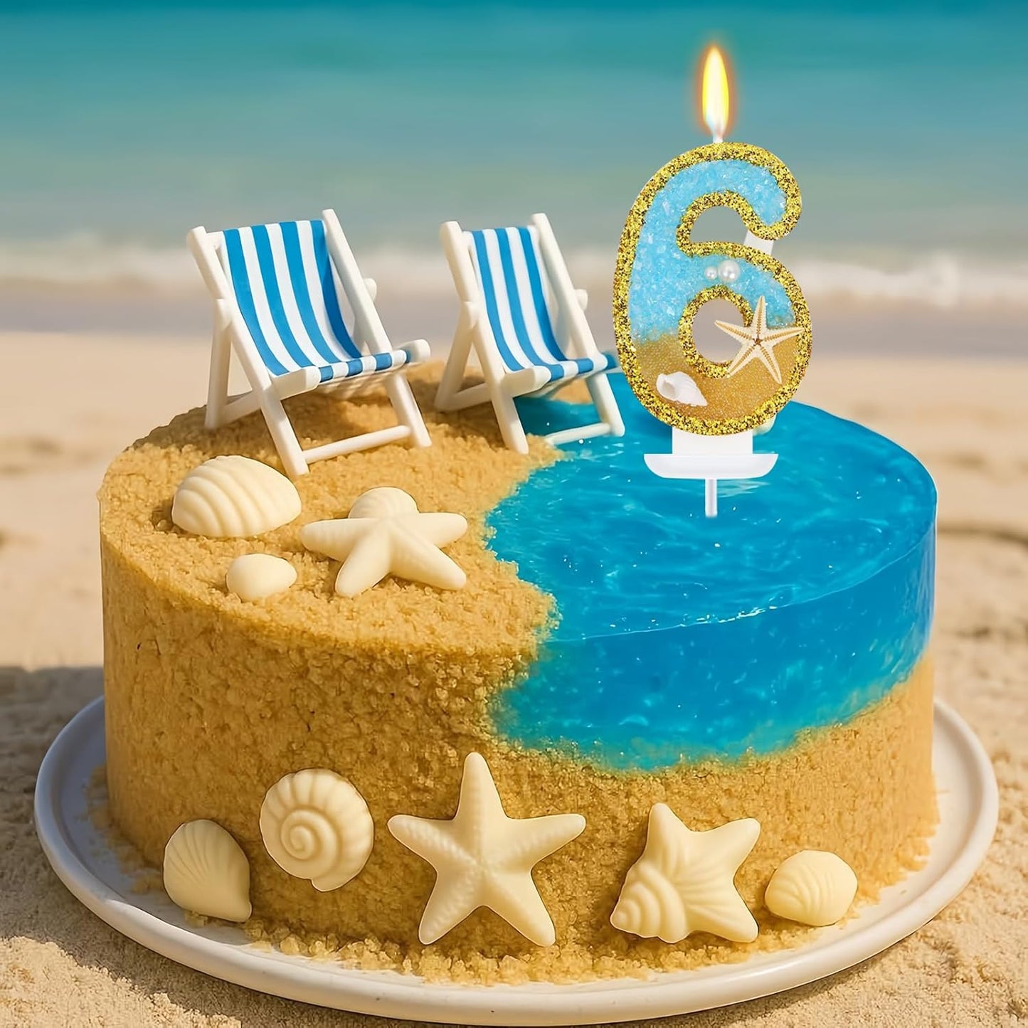 Ocean Number 6 Candle, Glitter Gold Beach Starfish Cake Topper, Tropical Ocean Princess Birthday Decorations for Party Supplies Wedding Anniversaries