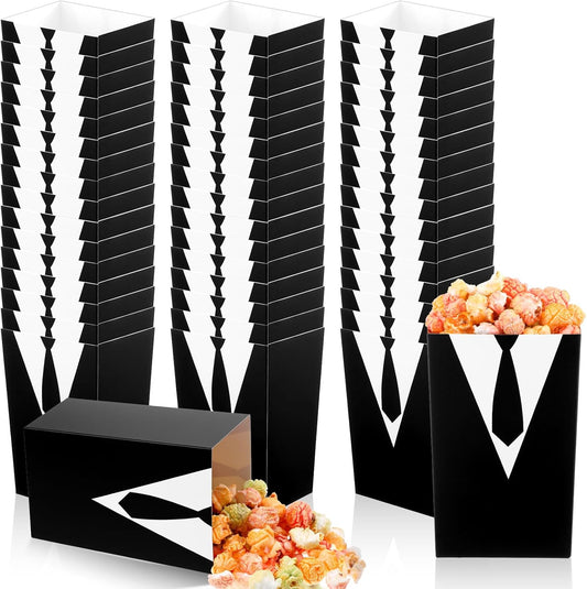 48 Pcs Tuxedo Popcorn Boxes, Black Tie Shirt Pattern Snack Bags Party Supplies, Disposable Popcorn Bags for Birthday Wedding Favors