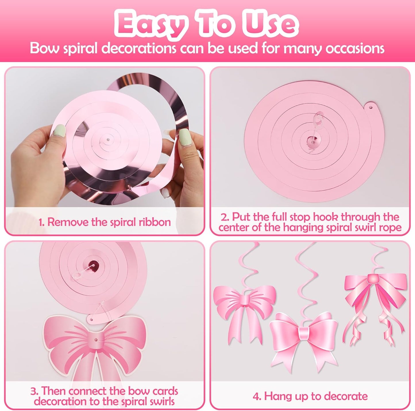 Pink Bow Birthday Decorations, Kaluofan 32PCS Pink Bow Hanging Swirls Set, Bow Party Decorations for Girl Birthday Wedding Valentine's Day Dance Party Favor Supplies