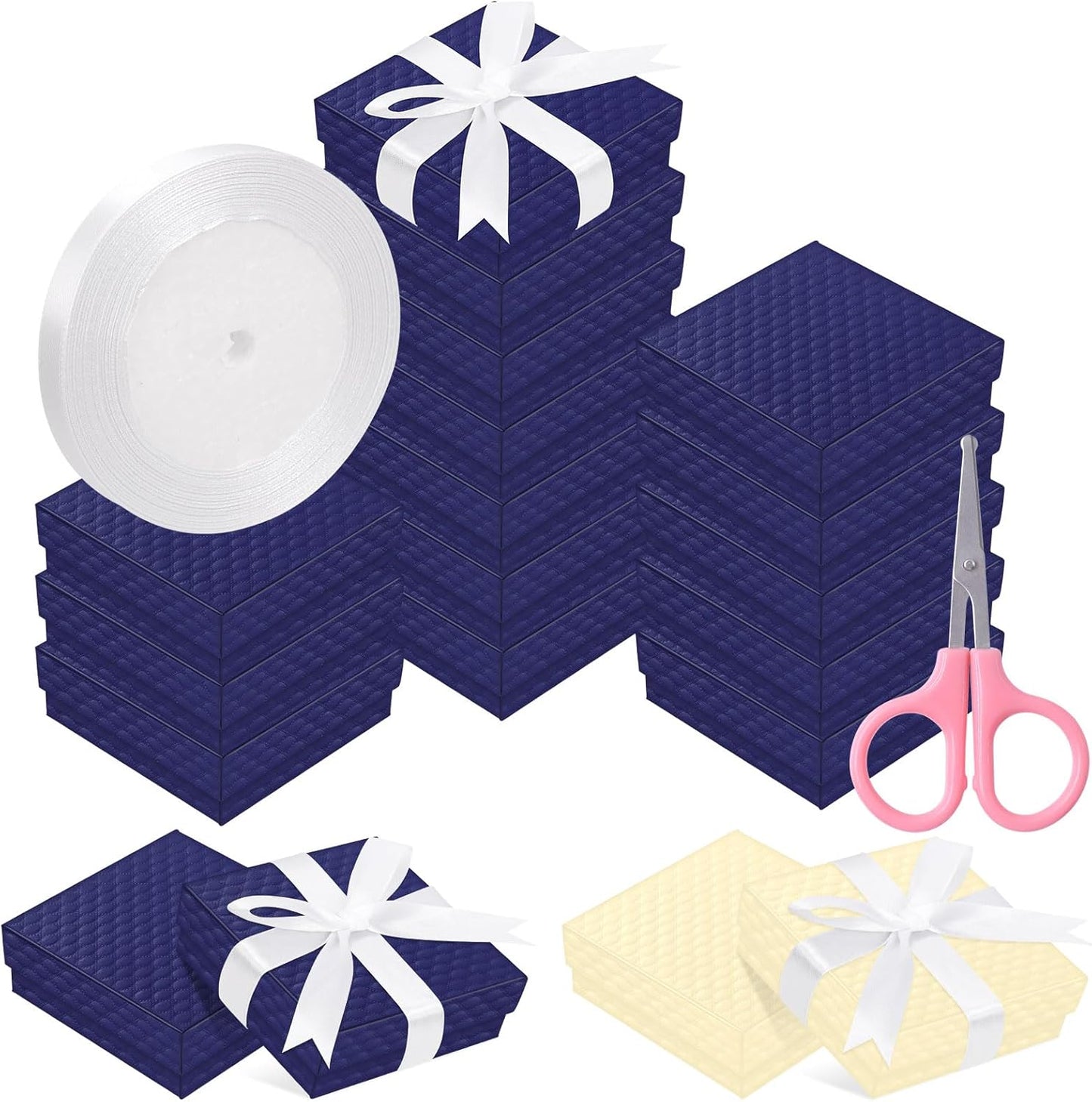 17Pcs 7.5x7.5x3cm / 3x3x1 Inch Dark Blue Cardboard Jewelry Gift Boxes with Stain Ribbon and Scissor, Small Gift Box with Lid for Necklaces, Rings, Bracelets, Earrings, Pendant, Jewelry