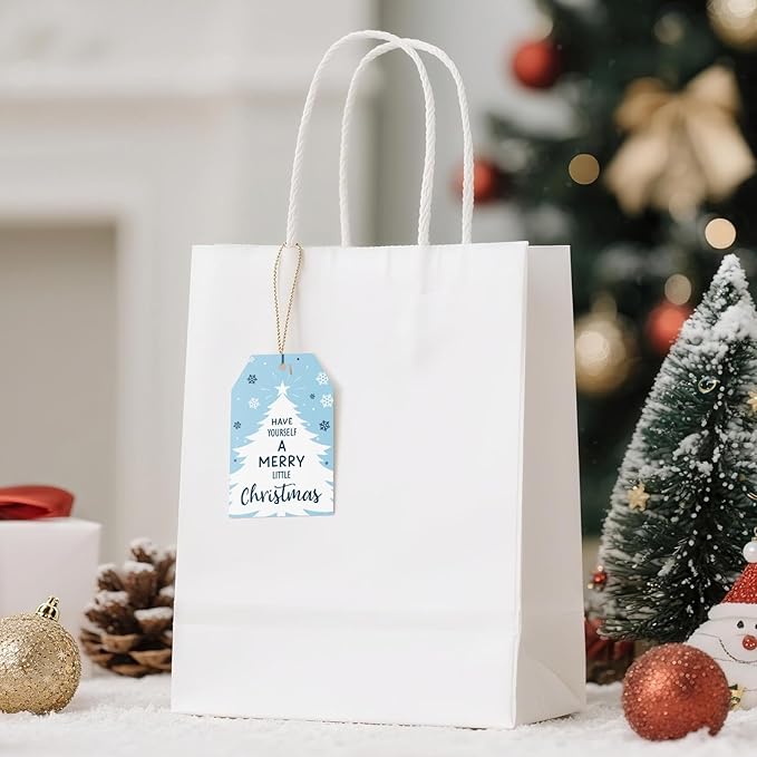Anwyll Christmas Gift Tags with String - 50Pcs Blue Merry Christmas Name Tags for Gift Xmas to from Tag Have A Merry Little Christmas Tree Label Tag for Present Wrap Goodie Bags Holiday Party Favors