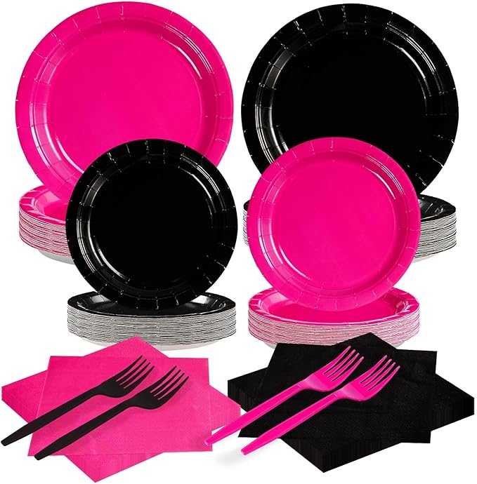 200Pcs Hot Pink and Black Birthday Decorations Hot Pink Party Plates and Napkins Disposable Heavy Duty Pink and Black Tableware Set for Valentine’s Day Girls Women Birthday Bridal Shower Gender Reveal