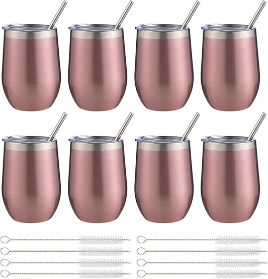 12 oz Insulated Wine Tumbler with Lid and Straw,Stainless Steel Stemless Wine Tumbler Glasses Double Wall Vacuum Wine Cups Tumbler Bulk for Champaign,Cocktail,Office(Rose Gold,8)
