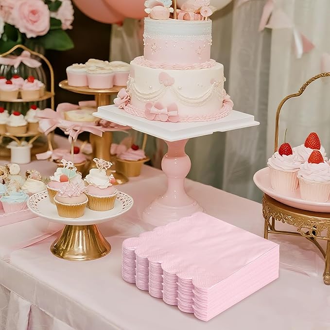 120 Pcs Pink Scalloped Cocktail Napkins,2-Ply Pink Disposable Beverage Party Napkins for Dinner Wedding Birthday Baby Shower