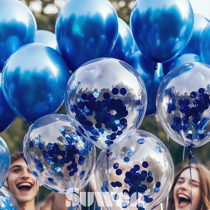 SUWEN Metallic Blue Balloons and Confetti Balloons Set 47PCS Latex Helium Chrome Royal Blue Balloon for Birthday Graduation Party Decorations