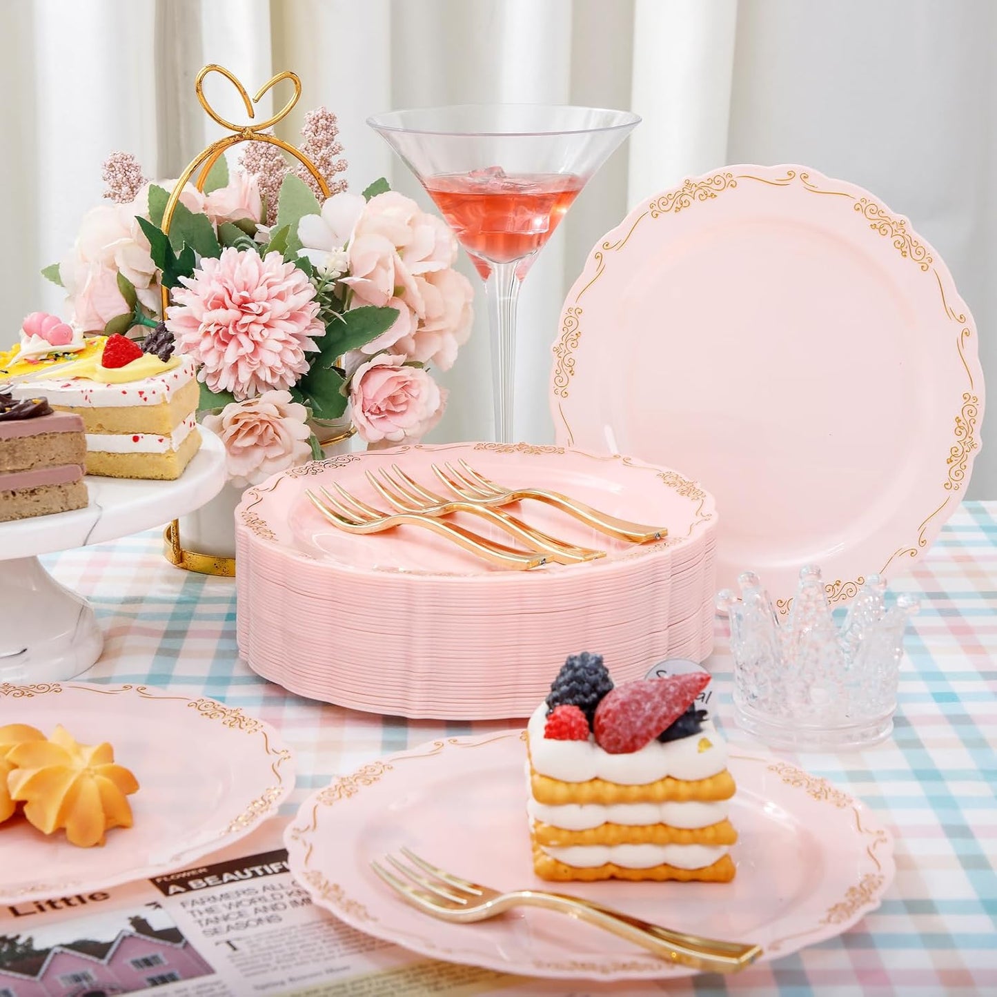 LIYH 100 Pcs Pink Gold Dessert Plates - 100 Pcs Gold Plastic Forks,Cake Plates Disposable with Forks, Appetizer Plates, Bridal Shower Party Plates for Birthday Wedding Party