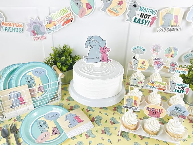 Elephant and Piggie Party Supplies for Boy or Girl Birthday Party Decor includes 24 Cupcake Toppers with Gerald and Piggie Book Characters by Mo Willems (24 Cupcake Toppers)