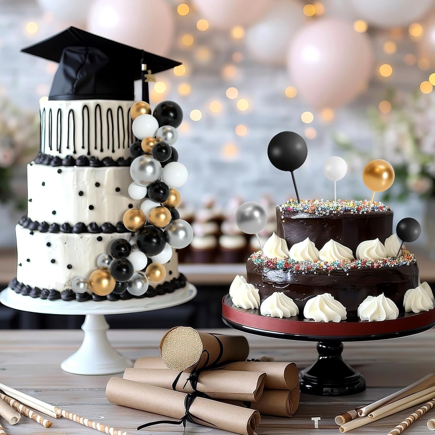138 Pcs Black and Gold Balls Cake Topper Graduation Cake Decorations Balloon Cupcake Toppers Multisize Foam Cake Balls Decorations for Birthday Party Wedding Anniversary