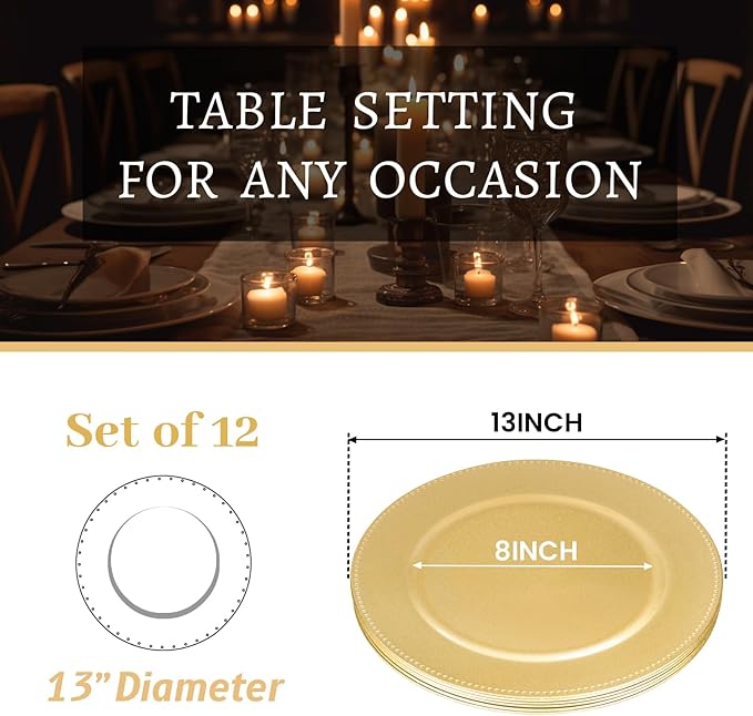 MAONAME 13" Gold Charger Plates Set of 12, Round Charger for Dinner Plates, Plate Chargers with Beaded Rim, Plastic Table Chargers for Wedding, Party