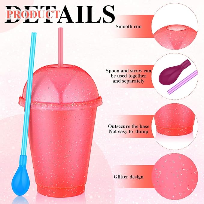6 Set Slushie Cups with Dome Lids and Straws Detachable Spoon Straws Reusable Plastic Iced Coffee Cups Smoothie Tumbler for Birthdays Summer Party Supplies(Pink,16 oz)