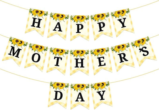 Happy Mother's Day Banner Set Decoration for Mother's Day Party Decorations Backdrop Garland for Mom Glitter Garland Photo Props (Yellow Sunflower)