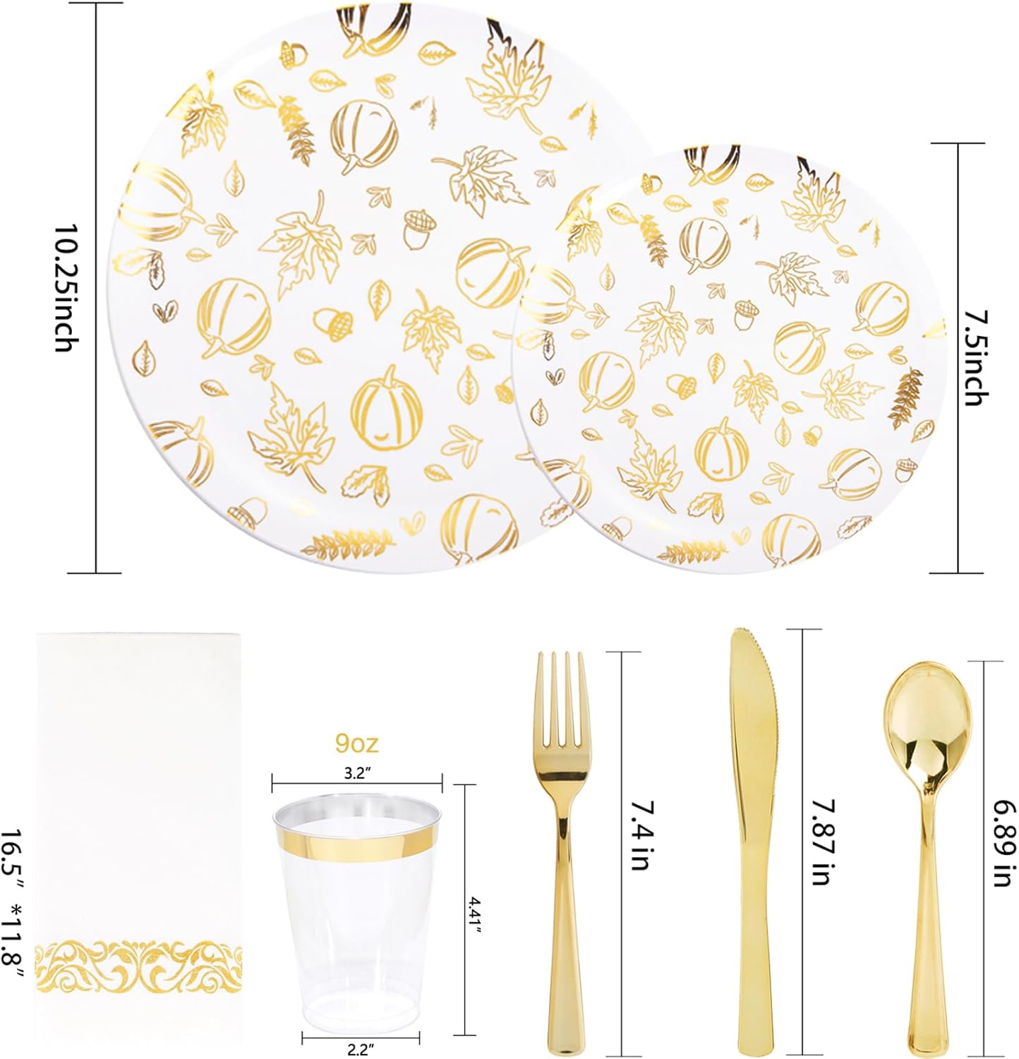 Supernal 175pcs Thanksgiving Plastic Dinnerware Set,Thanks Plates,Plastic Plates for Party,Gold Pattern Design,Gold Disposable Silverware,Disposable Cups and Napkins Perfect for Thanksgiving