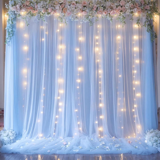 Baby Blue Sheer Tulle Backdrop Curtains with Lights String for Parites Baby Shower Decorations for Boy Bridal Shower Birthday Party Photo Shoot Background Wall Decorations 10×8ft(2 Panels 5×8ft)