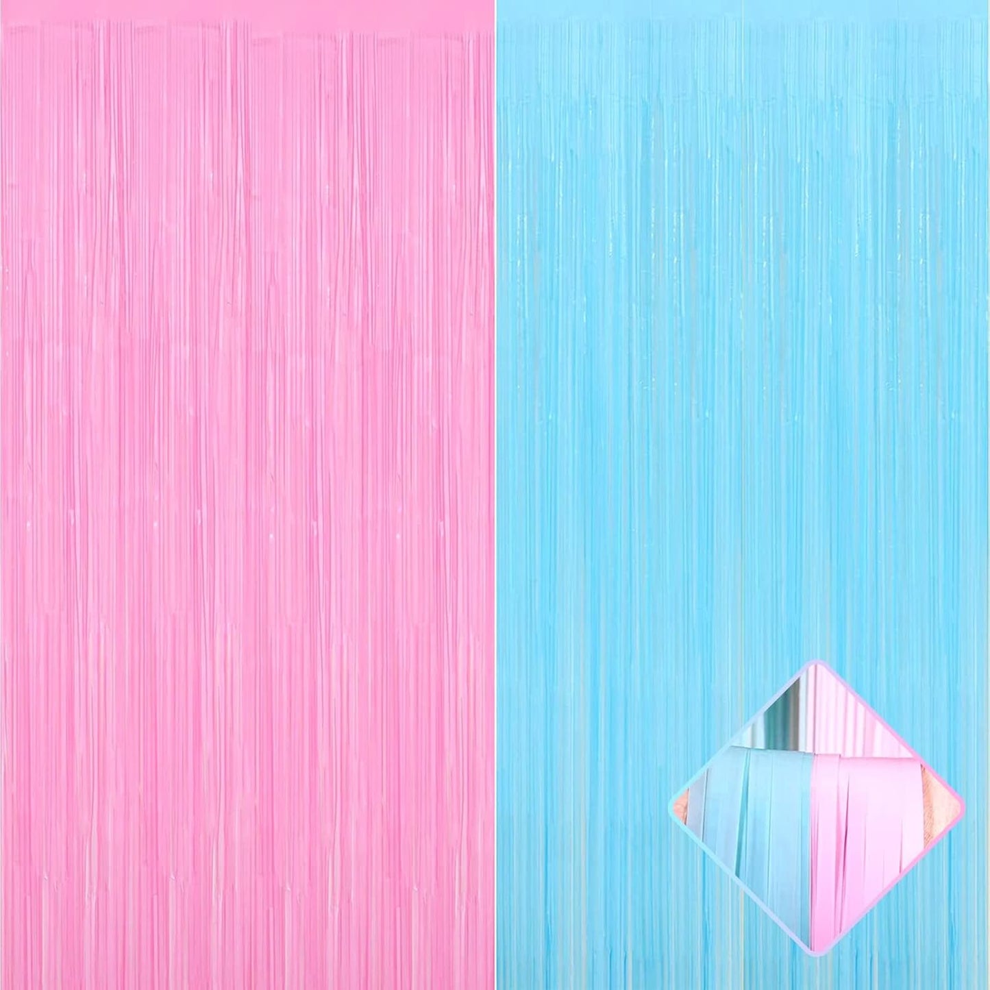 4 Pack 3.2Ft x 6.6Ft Macaron Pink Blue Foil Fringe Curtain Backdrop, Metallic Tinsel Foil Fringe Streamers Curtains for Photo Booth, Gender Reveal Backdrop Boy or Girl Birthday Party Decoration New