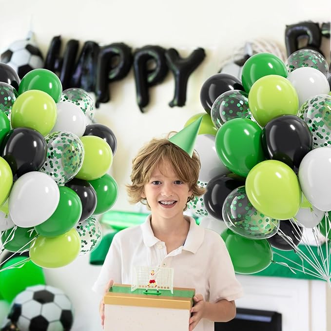 60pcs 12inch Green and Black Balloons, Black White Lime Green Confetti Balloons for Football Theme Party Baby Shower Video Game Birthday Decorations