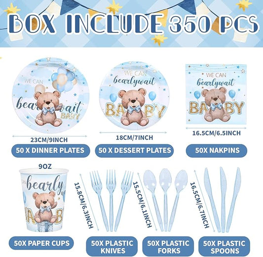 350pcs Bear Baby Shower Decorations for 50 Guests Party Supplies for Boy Include Paper Plate, Napkin, Cup and Disposable Plastic Tableware